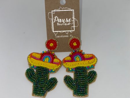 Beaded cactus with sombrero earrings on Sale